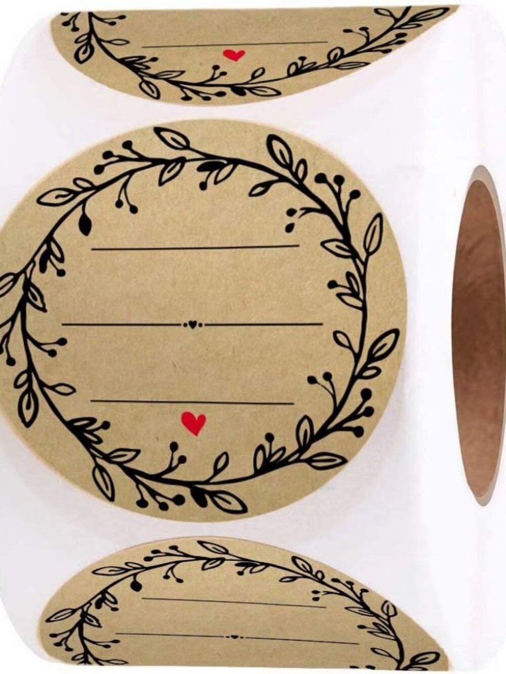 2 Inch Wreath Design with 3 Lines for Writing 500 Labels per roll Natural Brown